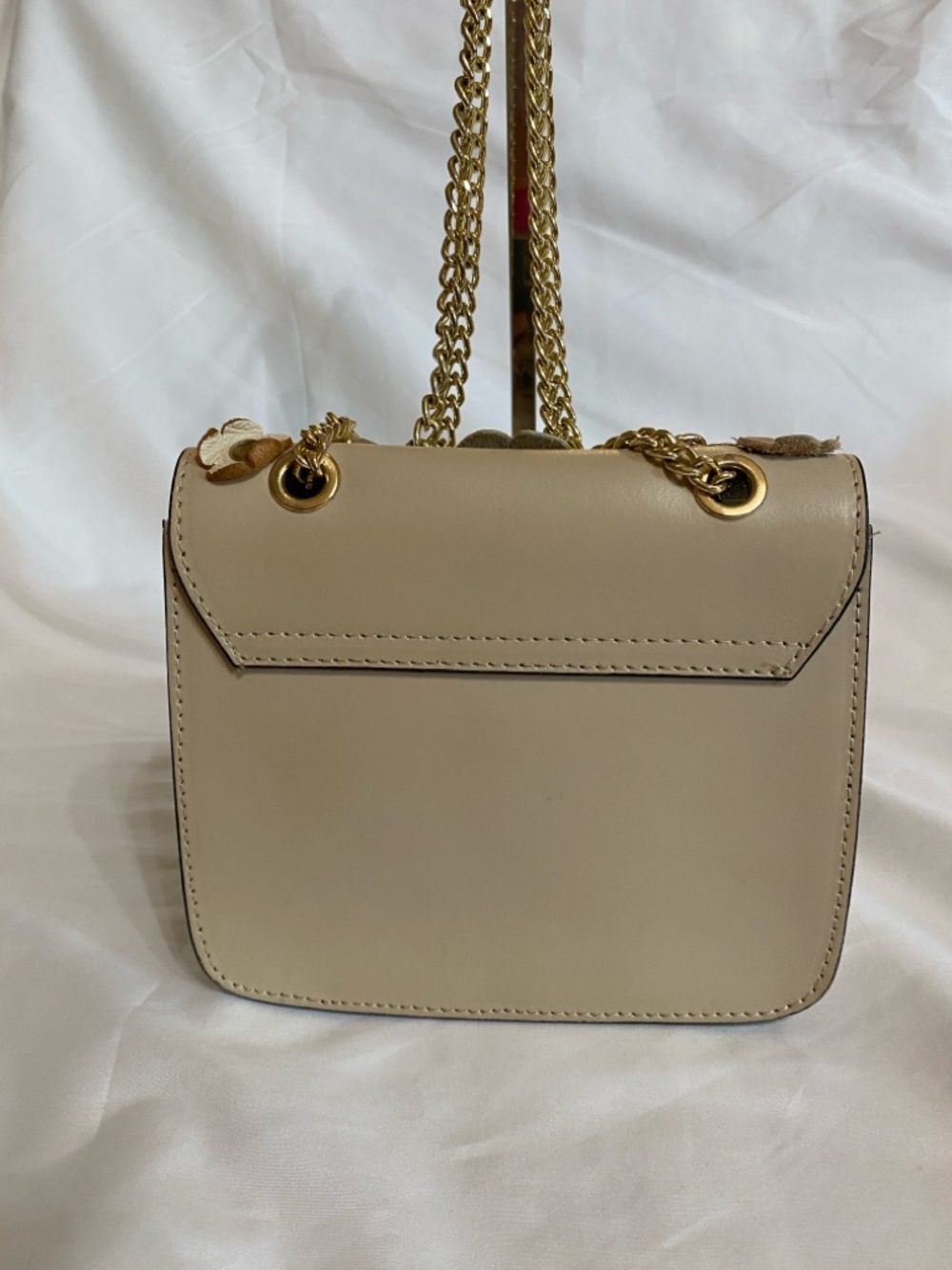 Beige Floral Italian Leather Shoulder Bag, Dinky Size w/Tea Rose Appliqué - Picture 6 of 16